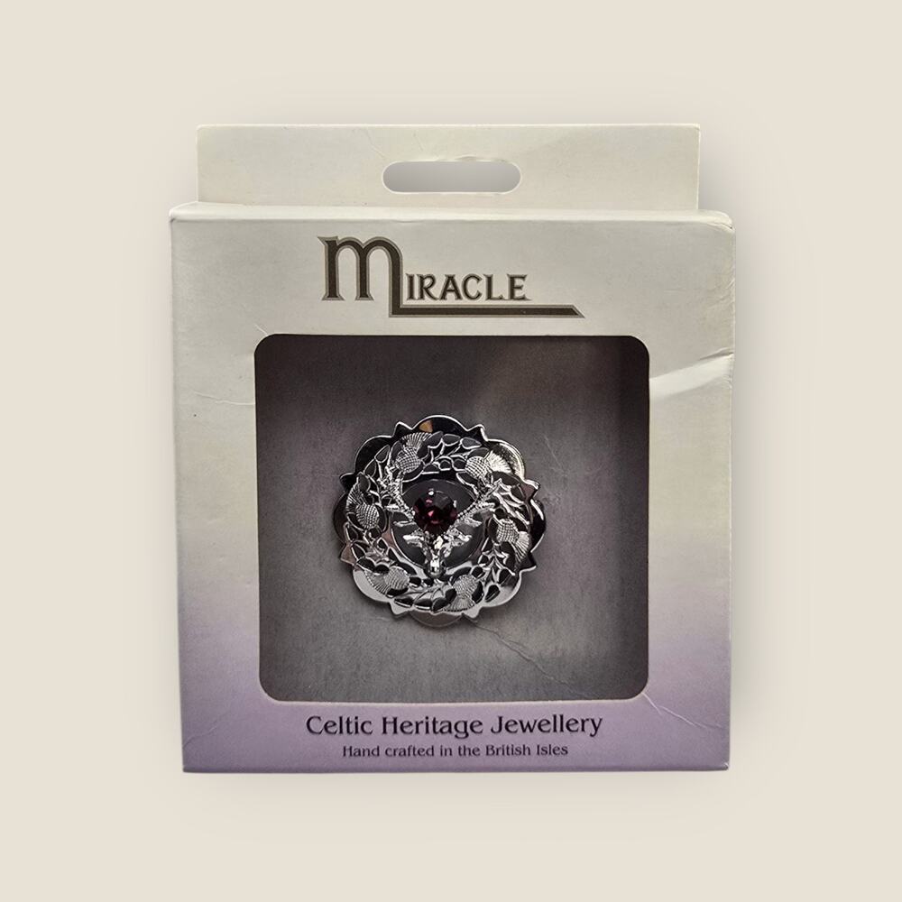 Celtic Heritage Thistle Brooch Miracle – Garnet Glass in Original Box